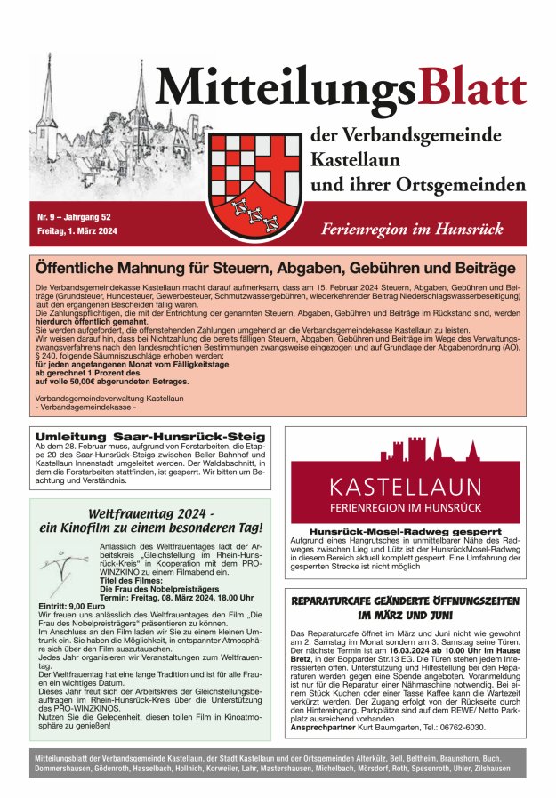 Mitteilungsblatt Kastellaun Titelblatt 09/2024