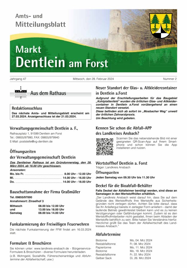 Amts- und Mitteilungsblatt Markt Dentlein am Forst Titelblatt 02/2024