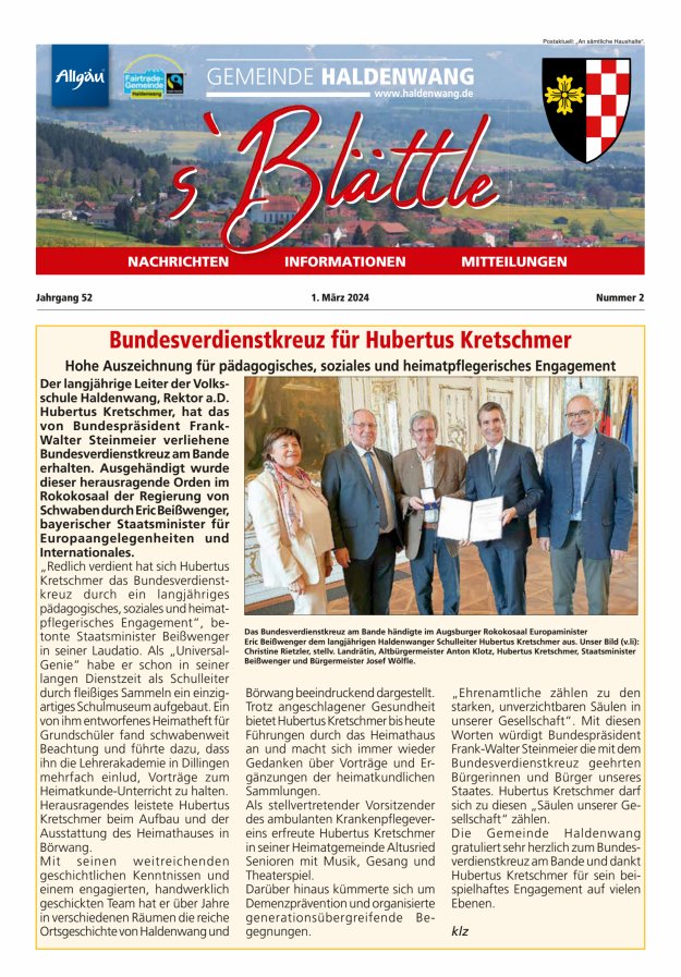 sBlättle der Gemeinde Haldenwang Titelblatt 02/2024
