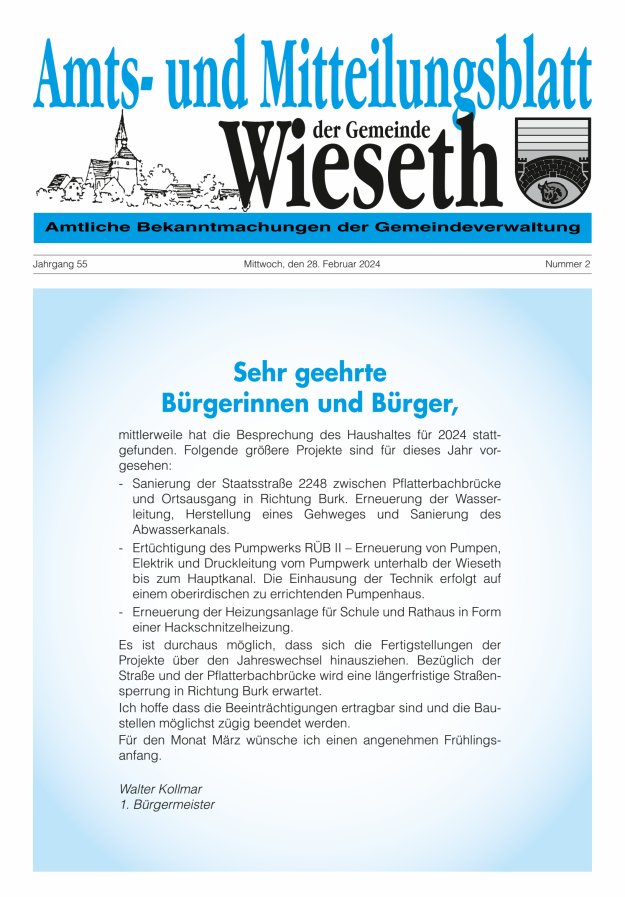 Amts- und Mitteilungsblatt der Gemeinde Wieseth Titelblatt 02/2024