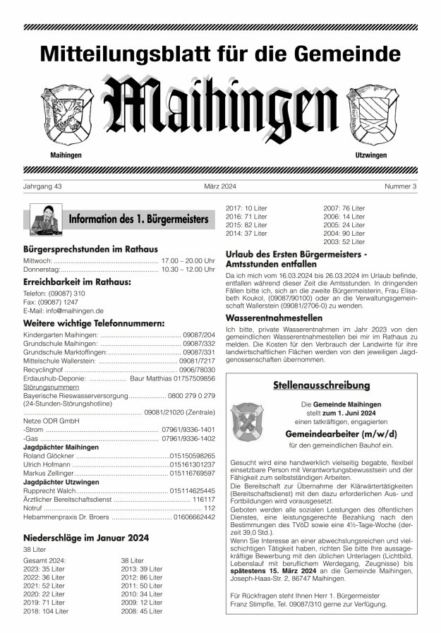 Mitteilungsblatt für die Gemeinde Maihingen Titelblatt 03/2024