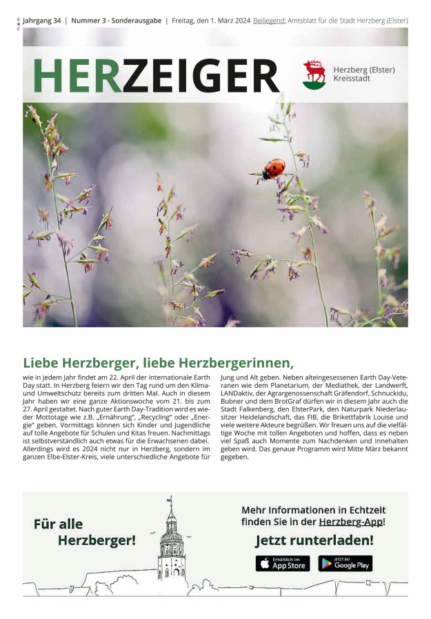 Amtsblatt für die Stadt Herzberg (Elster) mit Bekanntmachungen der Stadt  Titelblatt 03/2024