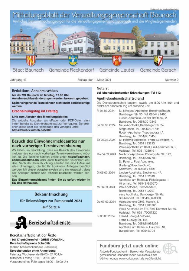 Mitteilungsblatt Verwaltungsgemeinschaft Baunach Titelblatt 09/2024