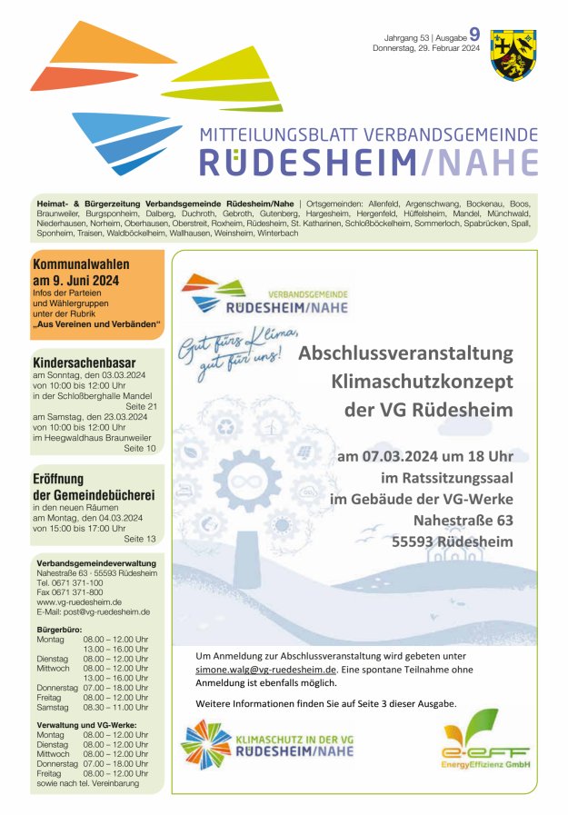 Mitteilungsblatt Verbandsgemeinde Rüdesheim und zugehörige Ortsgemeinden Titelblatt 09/2024