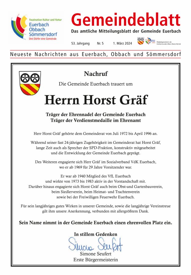 Gemeindeblatt der Gemeinde Euerbach Titelblatt 05/2024