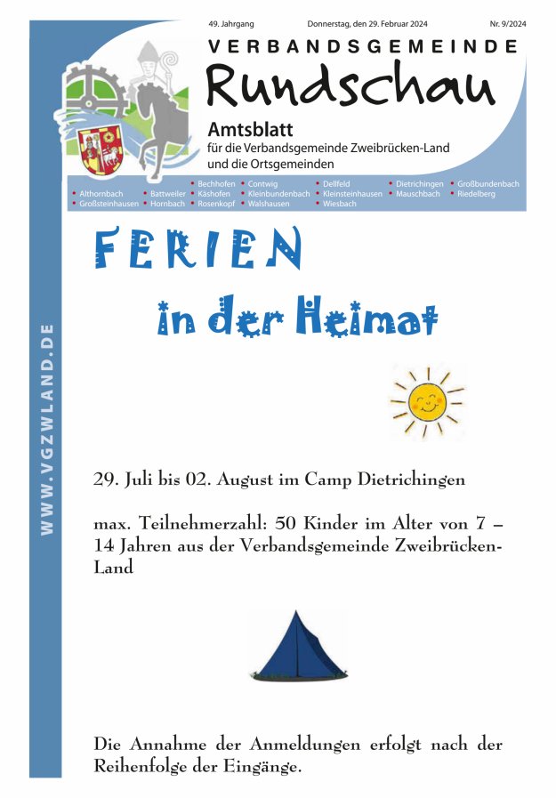 Verbandsgemeinde Rundschau Zweibrücken-Land Titelblatt 09/2024