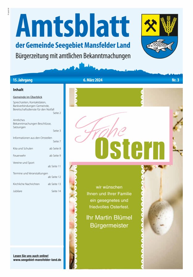 Amtsblatt der Gemeinde Seegebiet Mansfelder Land Titelblatt 03/2024