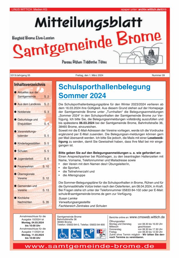 Mitteilungsblatt der Samtgemeinde Brome Titelblatt 09/2024
