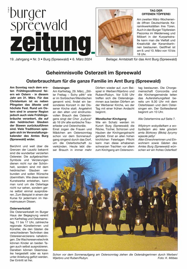 Burger Spreewald Zeitung - Amtsblatt für das Amt Burg (Spreewald) Titelblatt 03/2024