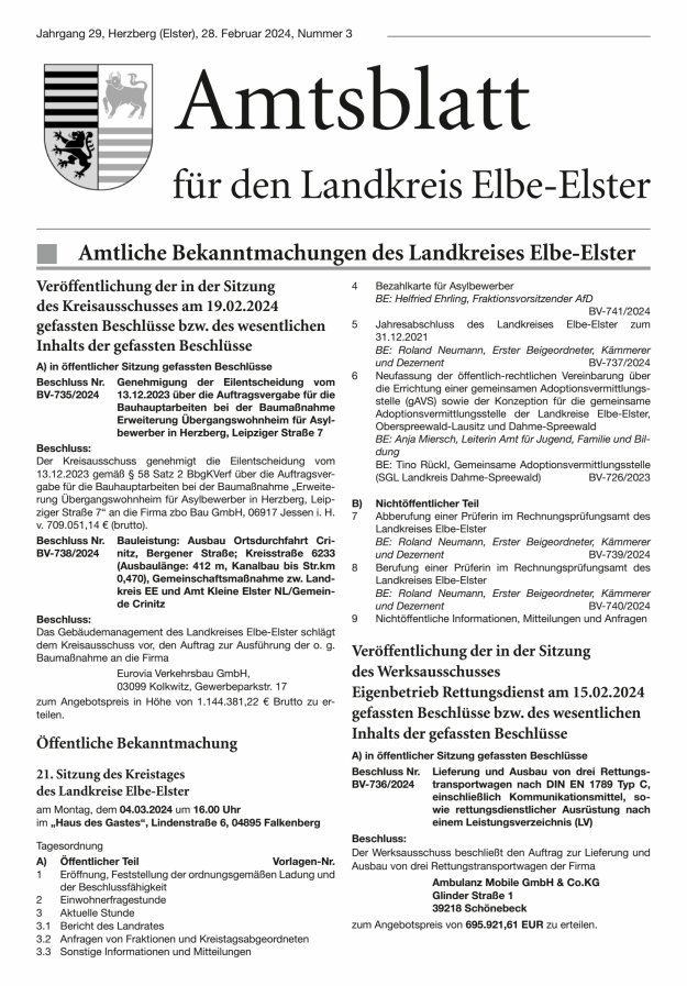 Amtsblatt für den Landkreis Elbe-Elster Titelblatt 03/2024