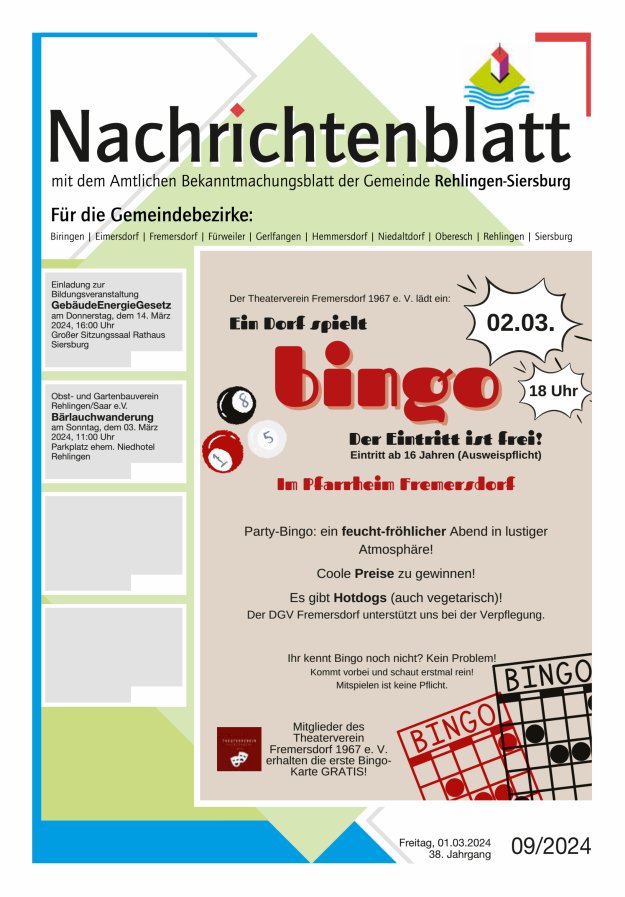 Nachrichtenblatt Rehlingen-Siersburg Titelblatt 09/2024