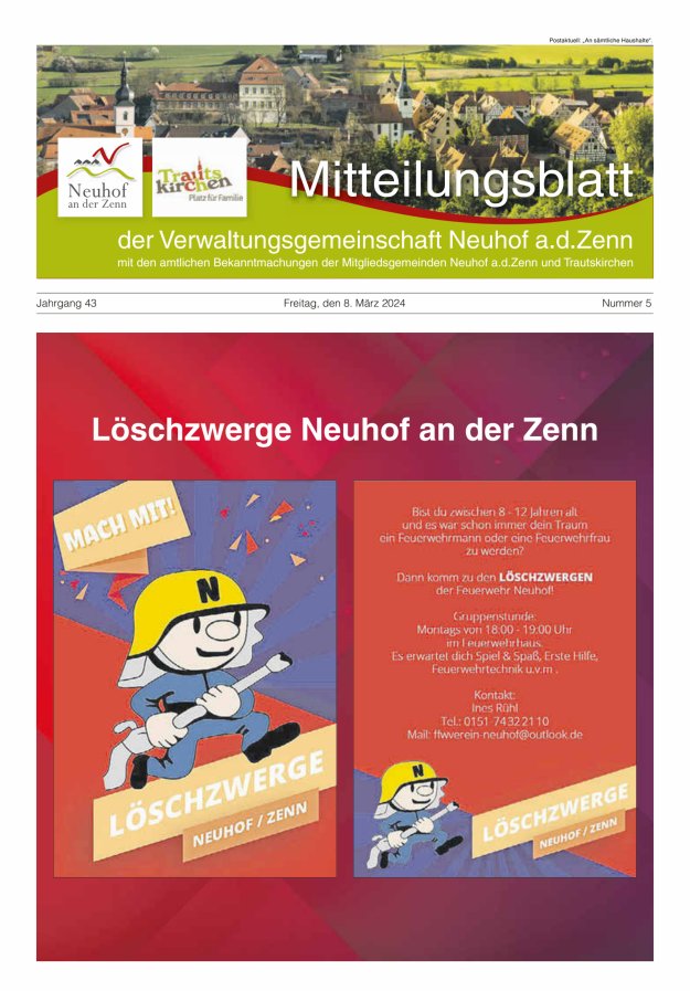 Mitteilungsblatt der Verwaltungsgemeinschaft Neuhof an der Zenn mit den amtlichen Bekanntmachungen der Mitgliedsgemeinden Neuhof an der Zenn und Trautskirchen Titelblatt 05/2024