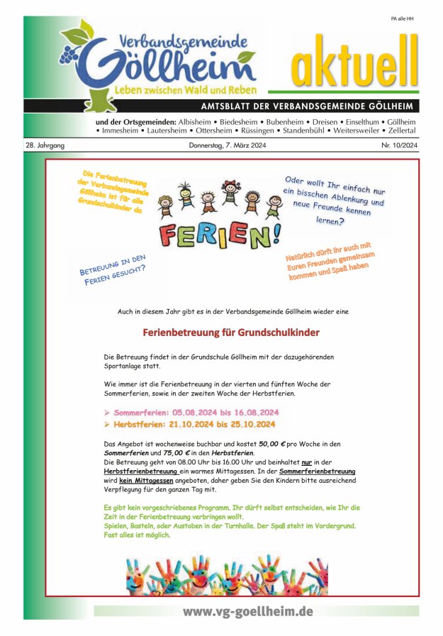 Verbandsgemeinde Göllheim aktuell Titelblatt 10/2024