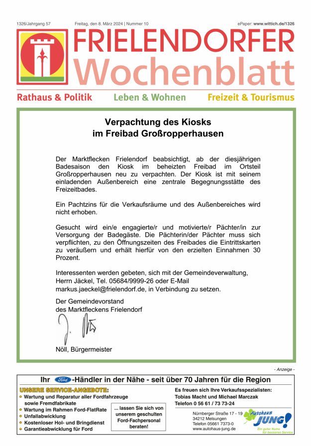 Frielendorfer Wochenblatt Titelblatt 10/2024