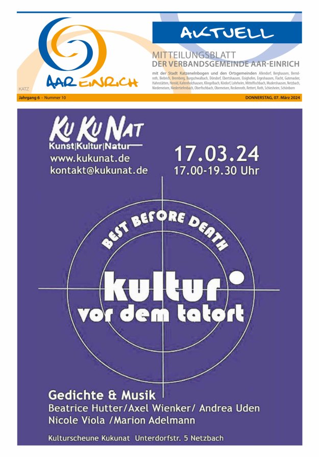 Mitteilungsblatt der Verbandsgemeinde Aar-Einrich Ausgabe Katzenelnbogen Titelblatt 10/2024