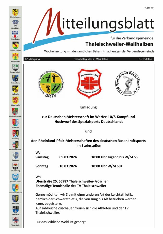 Mitteilungsblatt VG Thaleischweiler-Wallhalben Titelblatt 10/2024
