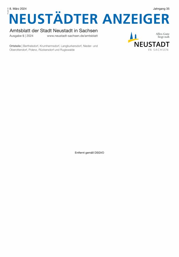 Neustädter Anzeiger - Amts- und Heimatblatt der Stadt Neustadt in Sachsen Titelblatt 05/2024
