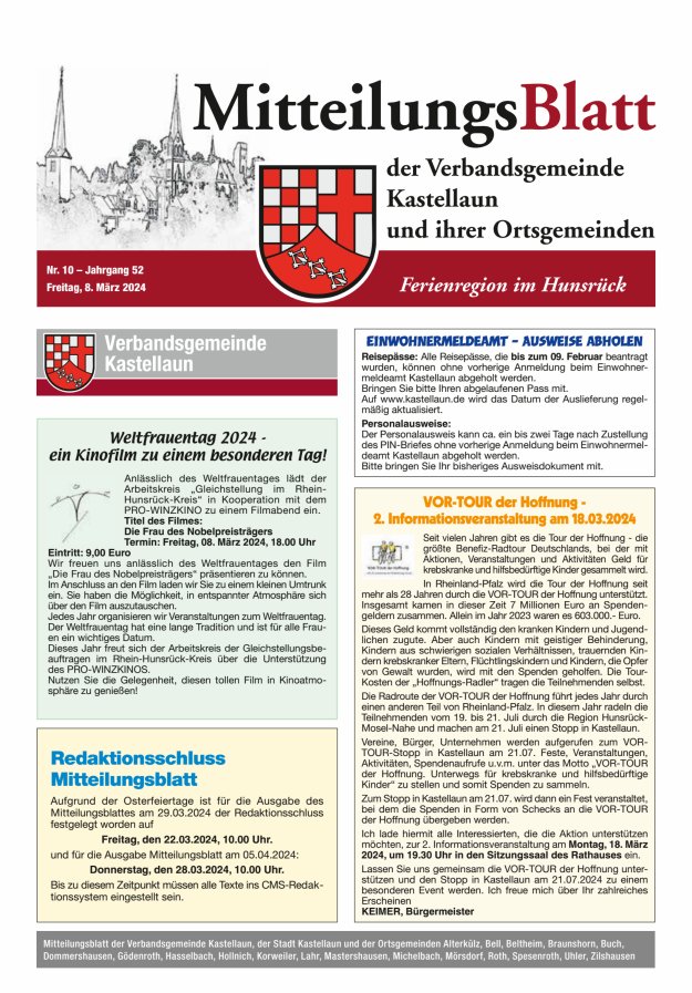 Mitteilungsblatt Kastellaun Titelblatt 10/2024
