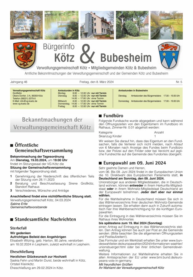 Amtsblatt der VG Kötz und der Mitgliedsgemeinden Titelblatt 05/2024