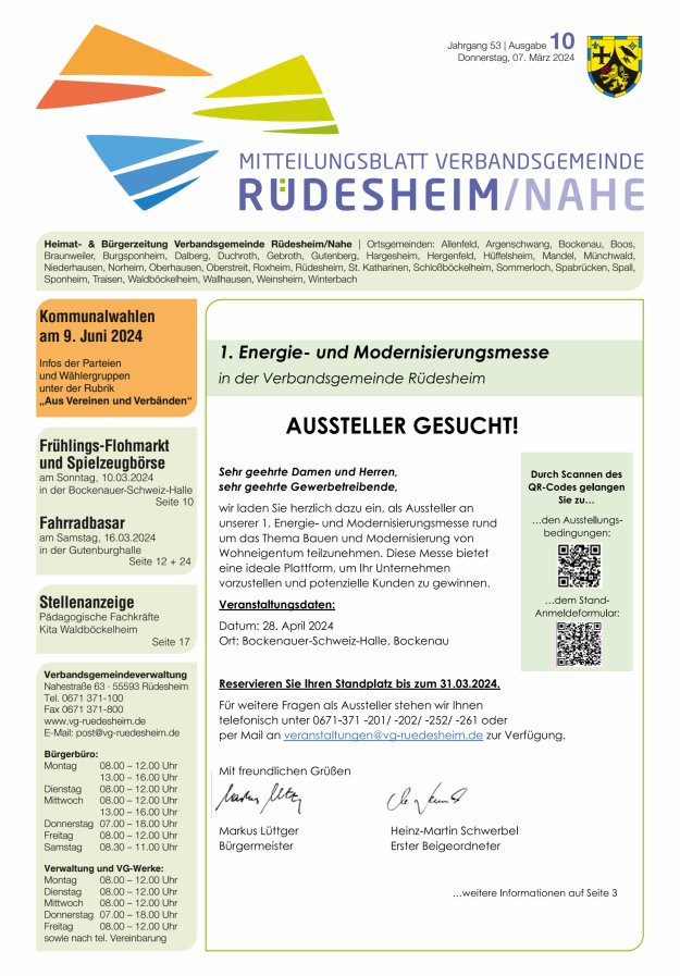 Mitteilungsblatt Verbandsgemeinde Rüdesheim und zugehörige Ortsgemeinden Titelblatt 10/2024