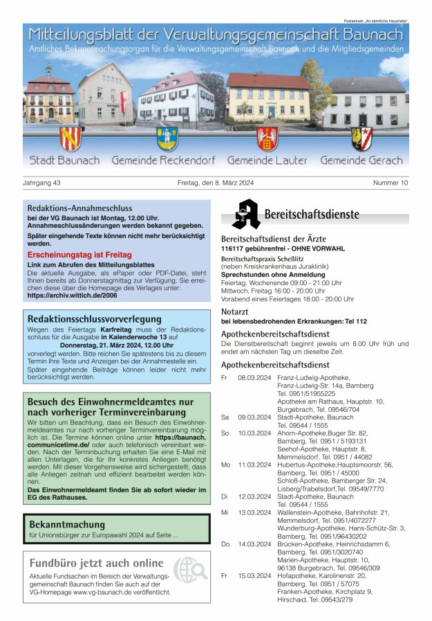 Mitteilungsblatt Verwaltungsgemeinschaft Baunach Titelblatt 10/2024