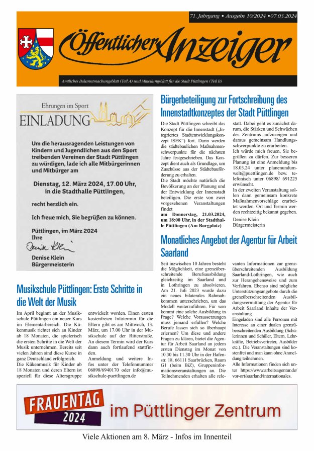 Öffentlicher Anzeiger - Stadt Püttlingen Titelblatt 10/2024