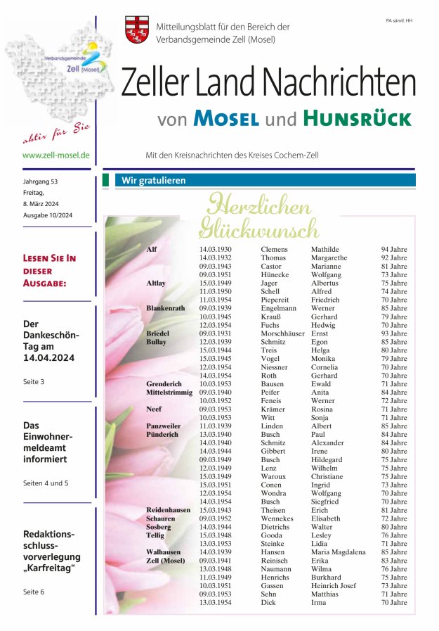 Zeller Land Nachrichten Titelblatt 10/2024