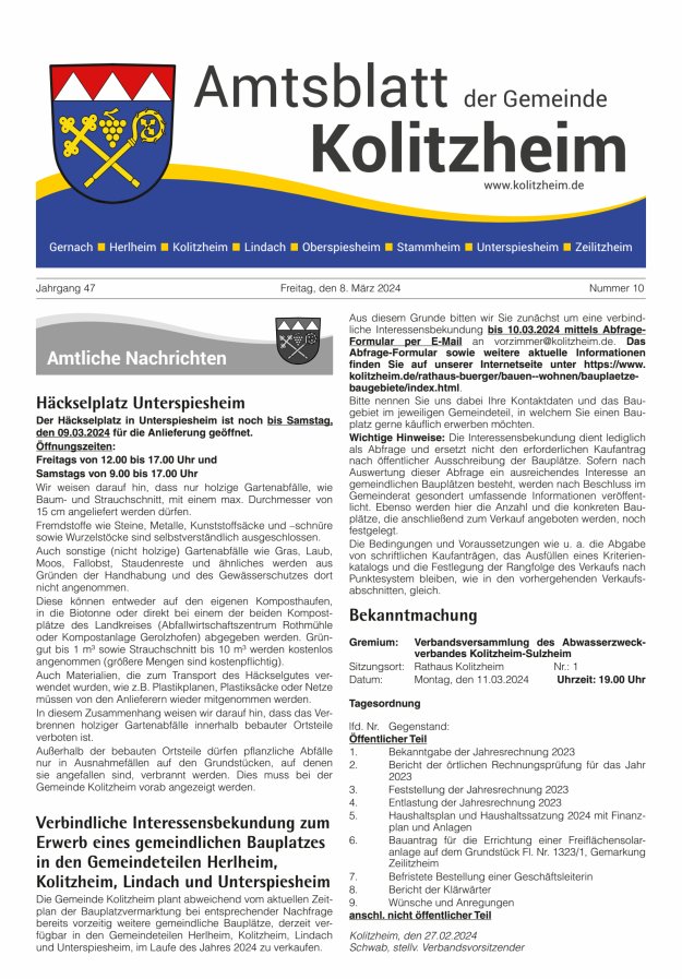 Amtsblatt der Gemeinde Kolitzheim Titelblatt 10/2024