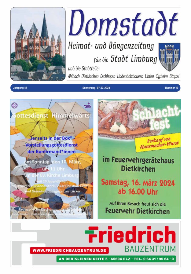 Domstadt - Heimat- und Bürgerzeitung für die Stadt Limburg Titelblatt 10/2024