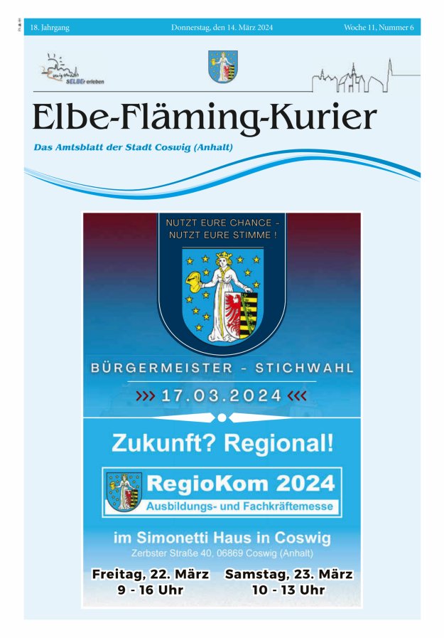 Elbe-Fläming-Kurier Das Amtsblatt der Stadt Coswig (Anhalt) Titelblatt 06/2024