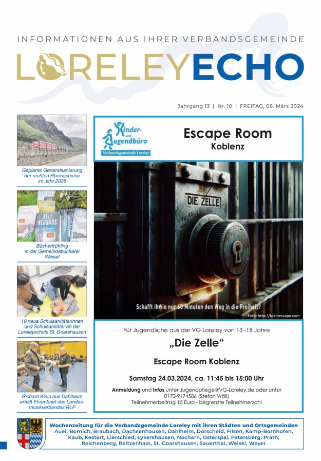 Loreley-Echo - Mitteilungsblatt der Verbandsgemeinde Loreley (Braubach) Titelblatt 10/2024
