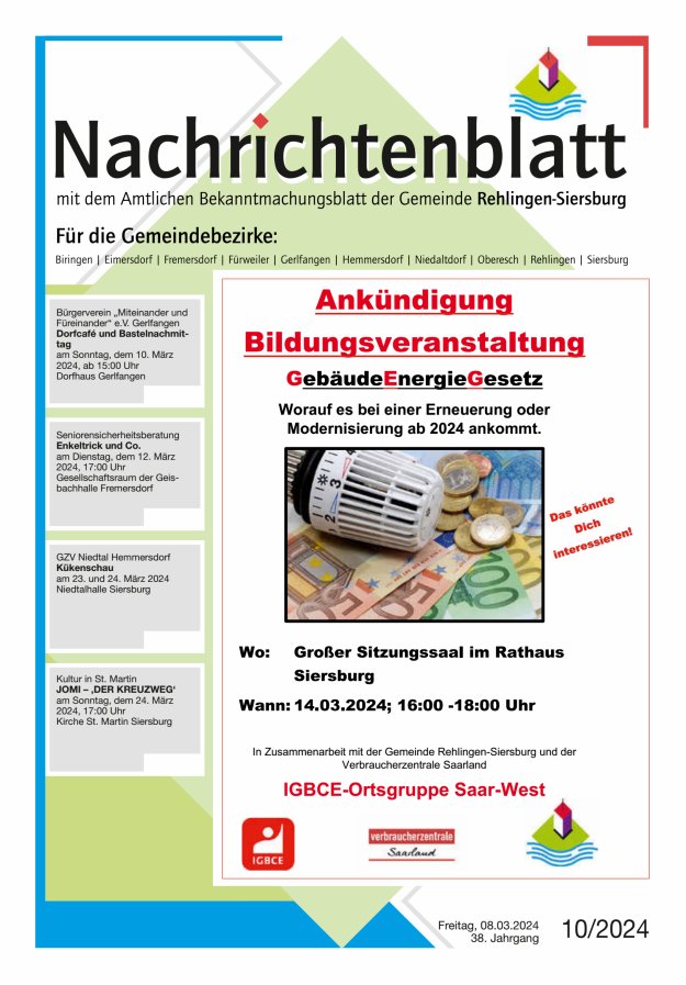 Nachrichtenblatt Rehlingen-Siersburg Titelblatt 10/2024
