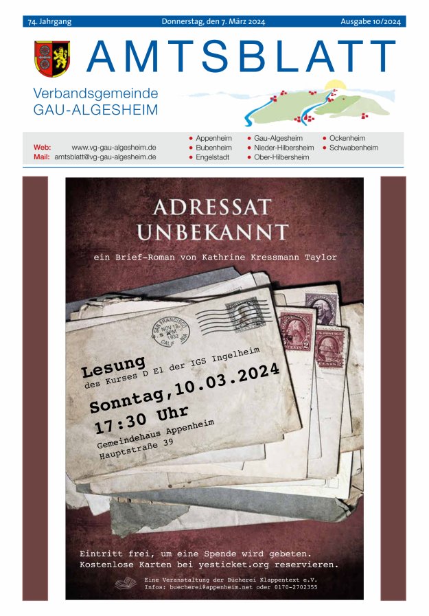 Amtsblatt der VG Gau-Algesheim Titelblatt 10/2024