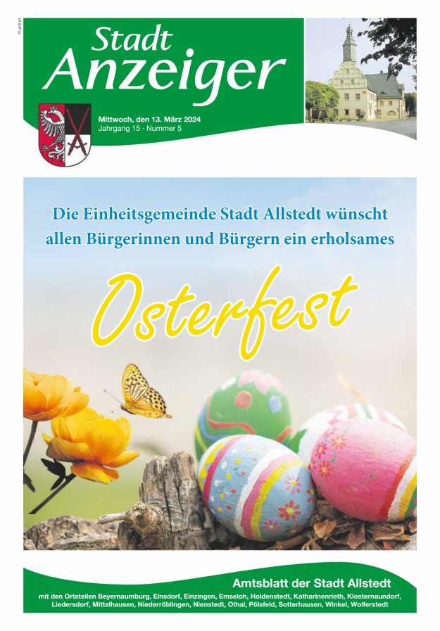 Stadtanzeiger Amtsblatt der Stadt Allstedt mit den Ortsteilen Titelblatt 05/2024