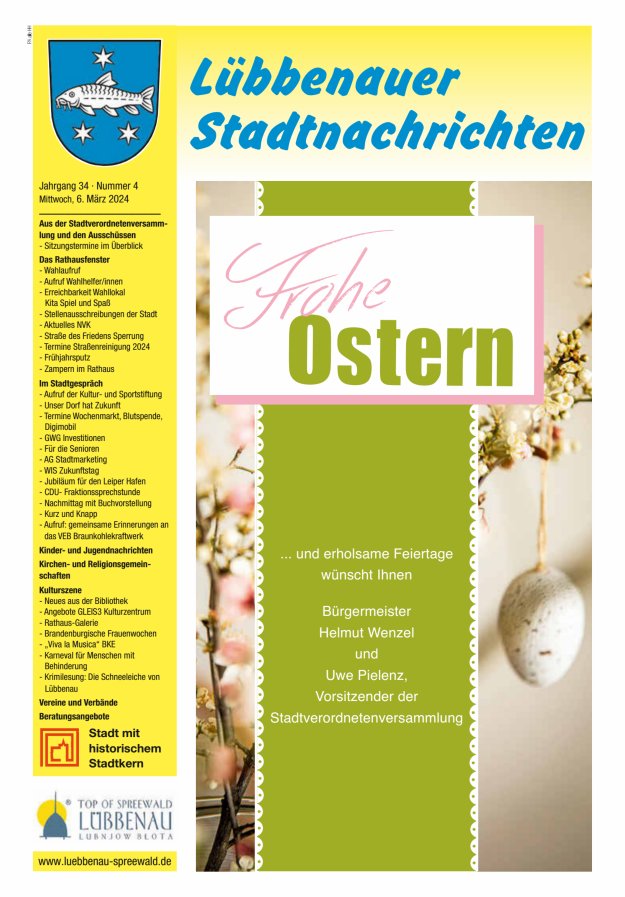 Lübbenauer Stadtnachrichten – Amtsblatt für die Stadt Lübbenau/Spreewald Titelblatt 04/2024