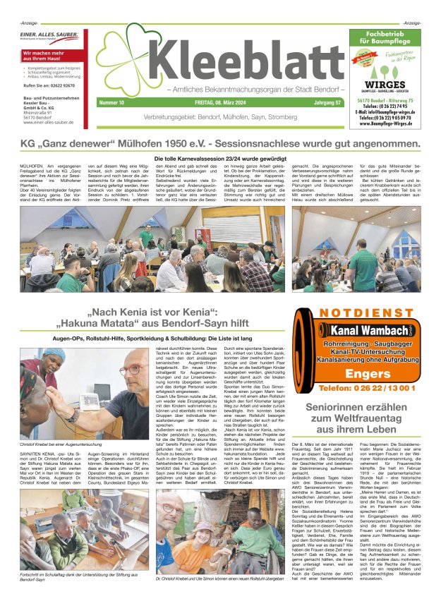 Kleeblatt - Amtliches Bekanntmachungsorgan der Stadt Bendorf Titelblatt 10/2024