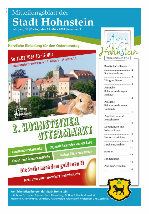 Mitteilungsblatt der Stadt Hohnstein Titelblatt 03/2024