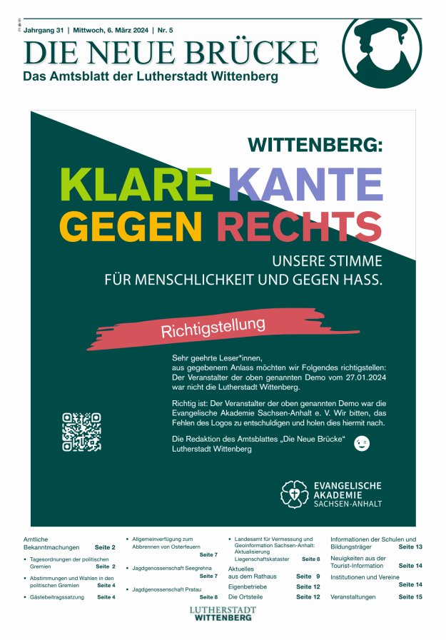 Die neue Brücke – Das Amtsblatt der Lutherstadt Wittenberg Titelblatt 05/2024