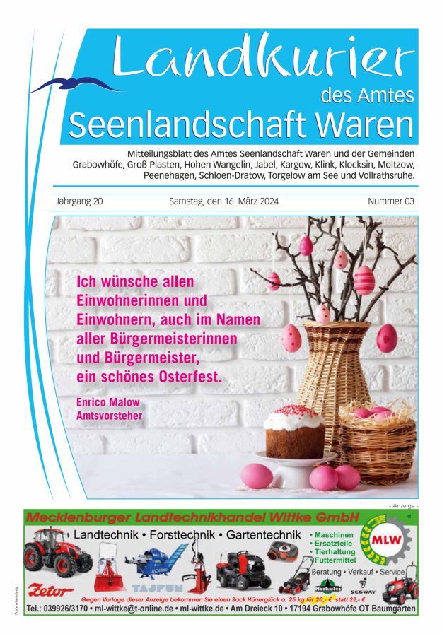 Landkurier des Amtes Seenlandschaft Waren Titelblatt 03/2024