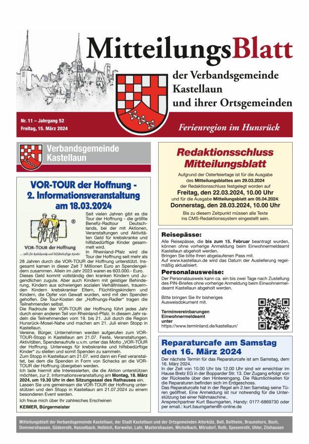 Mitteilungsblatt Kastellaun Titelblatt 11/2024