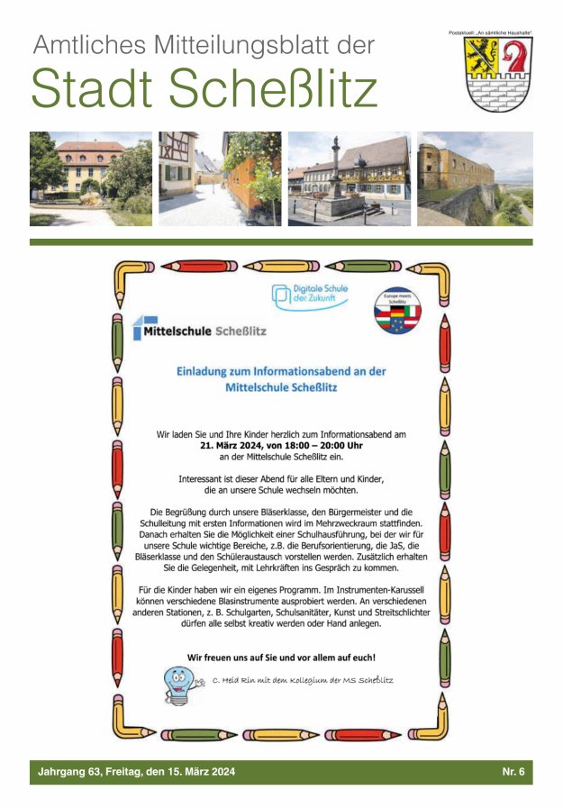 Scheßlitzer Anzeiger - Amtliches Mitteilungsblatt der Stadt Scheßlitz Titelblatt 06/2024