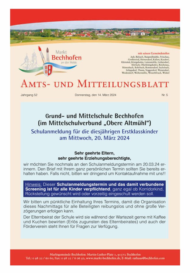 Amts- und Mitteilungsblatt für den Markt Bechhofen Titelblatt 05/2024
