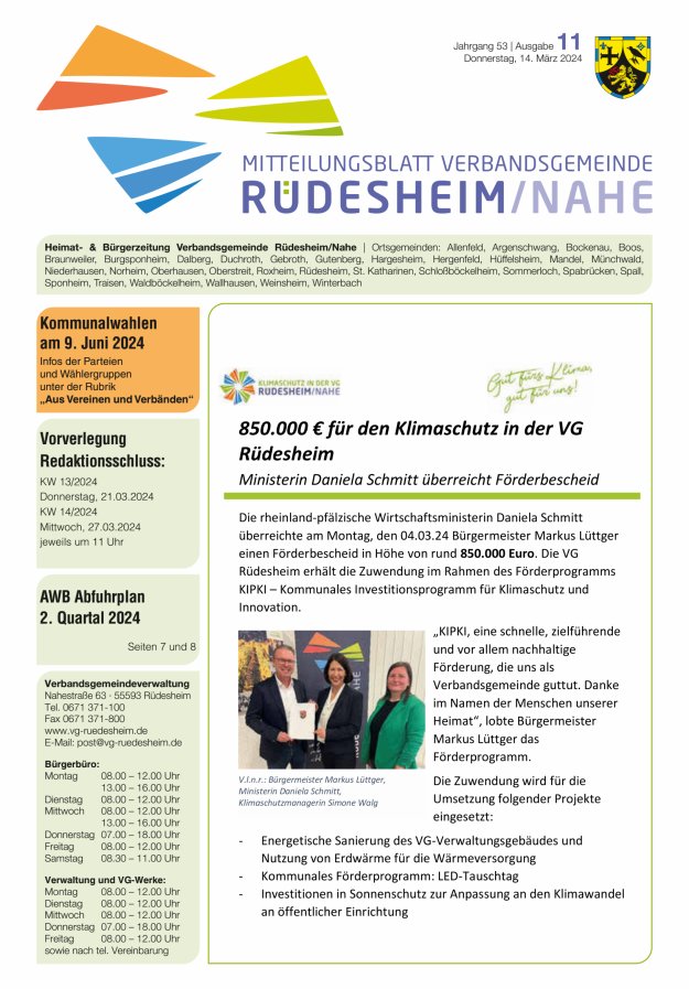 Mitteilungsblatt Verbandsgemeinde Rüdesheim und zugehörige Ortsgemeinden Titelblatt 11/2024