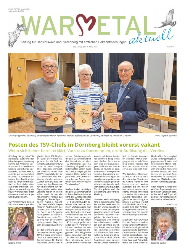 Warmetal aktuell (Habichtswald + Zierenberg) Titelblatt 11/2024