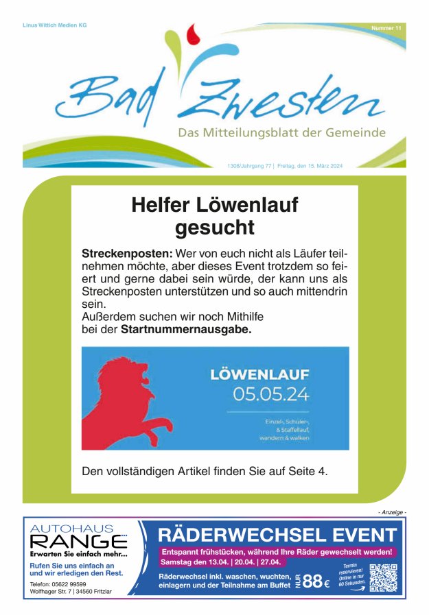 Heimatzeitung Bad Zwesten Titelblatt 11/2024
