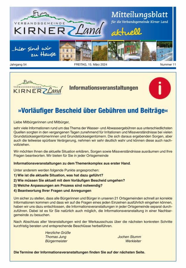 Mitteilungsblatt für den Bereich der Verbandsgemeinde Kirner Land Titelblatt 11/2024