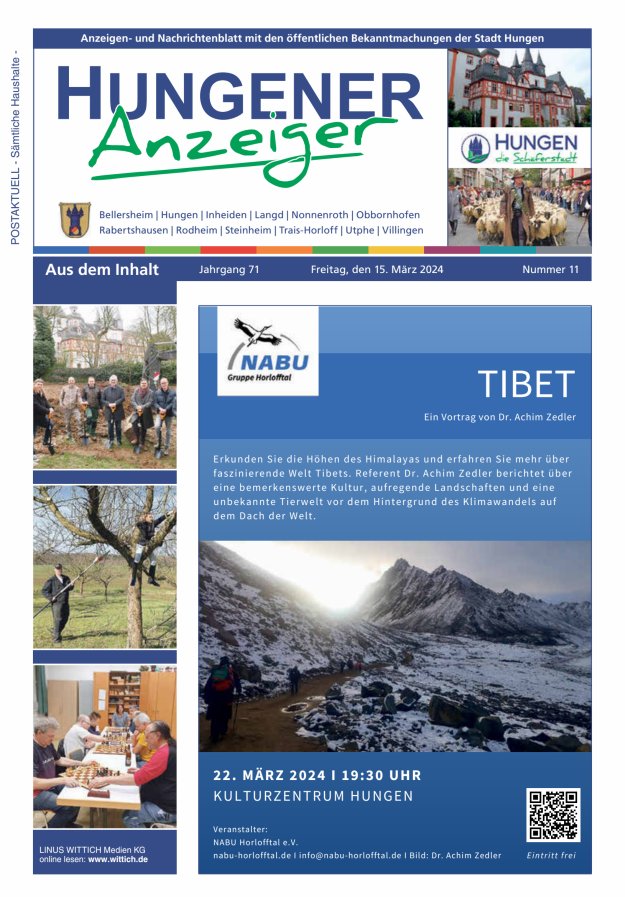 Anzeigen- und Nachrichtenblatt mit den öff  Bekanntmachungen der Stadt Hungen Titelblatt 11/2024