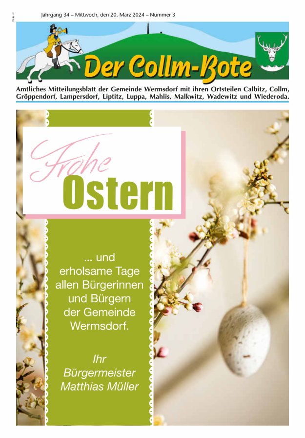 Collm-Bote – Amtliches Mitteilungsblatt der Gemeinde Wermsdorf mit ihren Ortsteilen Titelblatt 03/2024