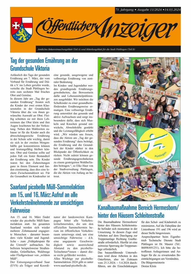Öffentlicher Anzeiger - Stadt Püttlingen Titelblatt 11/2024