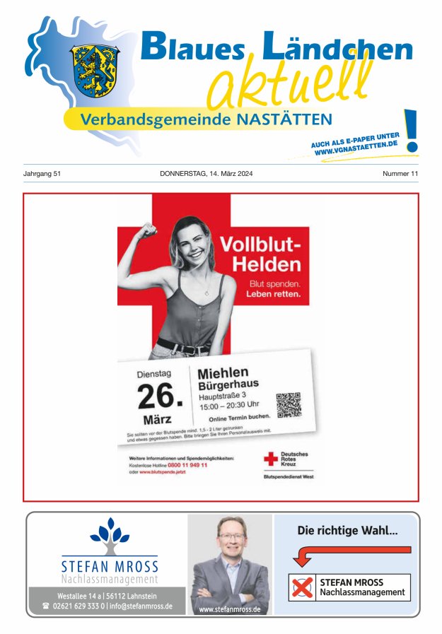 Blaues Ländchen aktuell - Heimat- u Bürgerzeitung VG Nastätten Titelblatt 11/2024